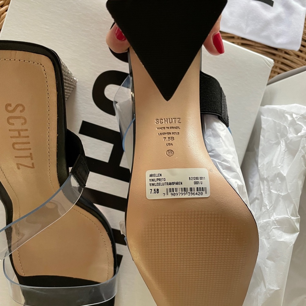 SCHUTZ Ariellen Vinyl & Rhinestones Sandal - 7.5 / Black / Vinyl & Nappa Leather